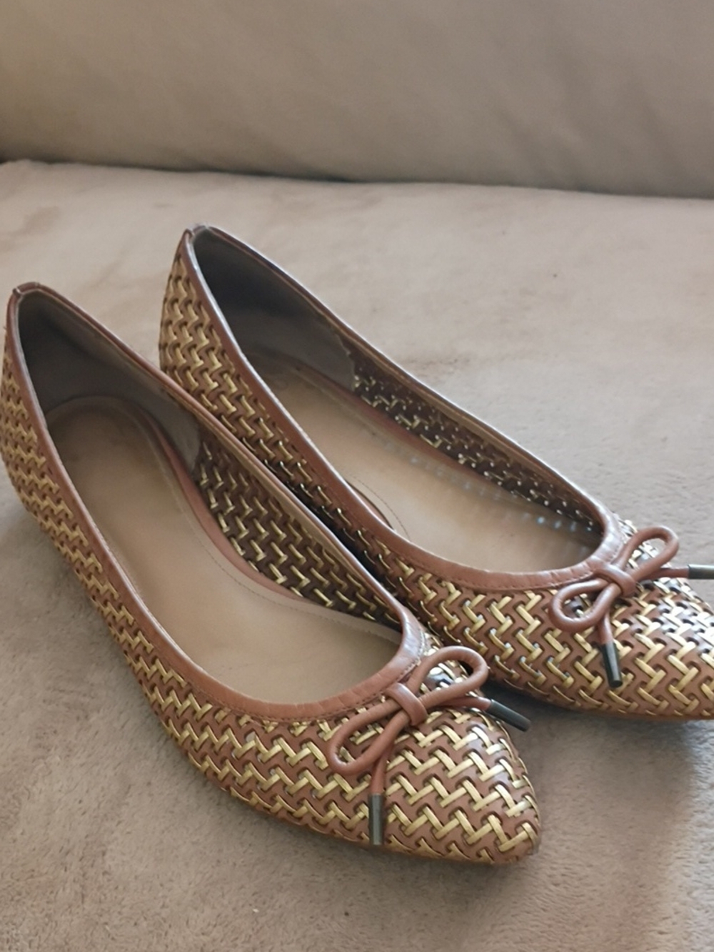 Woven Pointed-Toe Women's Ballet Flats in Brown and Gold